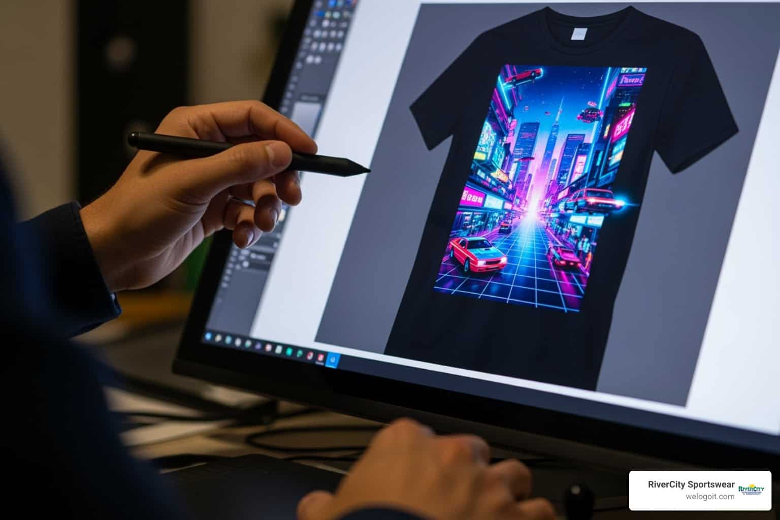 Graphic designer reviewing a t-shirt graphic on a computer screen - t shirt screen printing san antonio tx Graphic designer reviewing a t-shirt graphic on a computer screen - t shirt screen printing san antonio tx