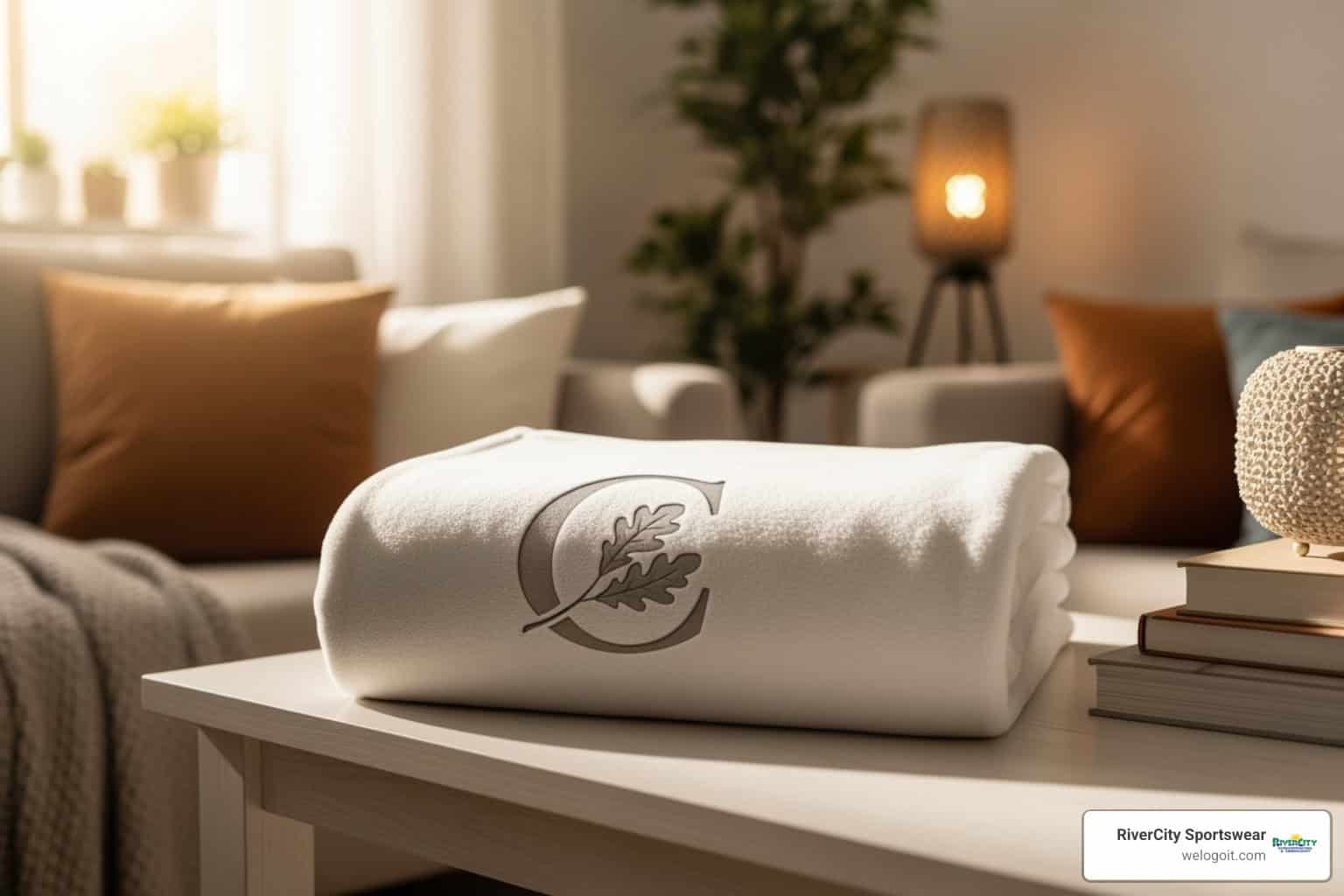 custom-logo-fleece-blankets-image Elegant custom-embroidered towel with Rivercity Screenprinting logo on a modern living room table.